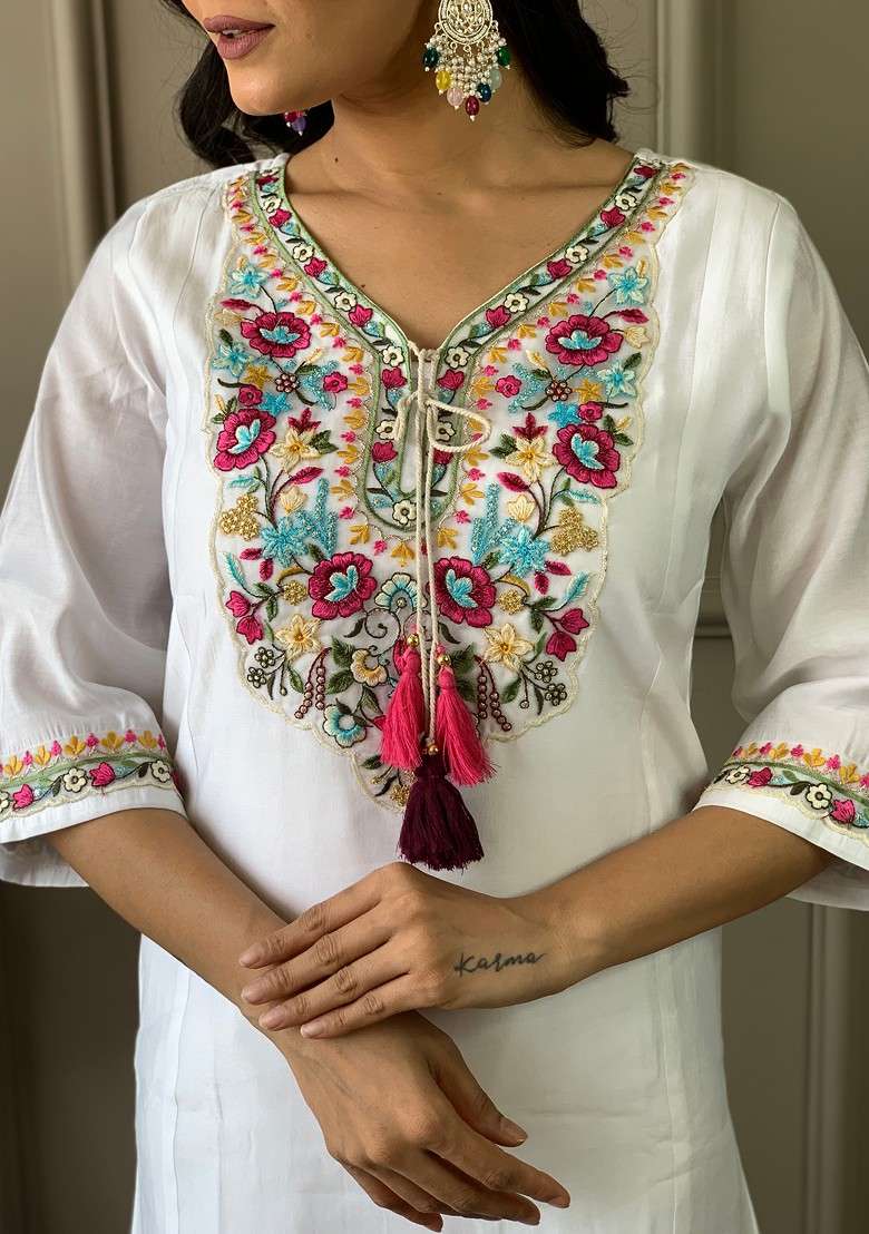 Off White Embroidered Poly Blended Kurta Sets - Indya