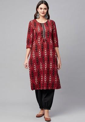 Maroon Embroidered Poly Blended Kurta Sets