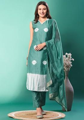 Sea Green Embroidered Poly Blended Kurta Sets