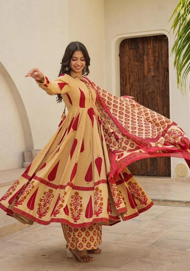 Red Embroidered Poly Blended Kurta Sets