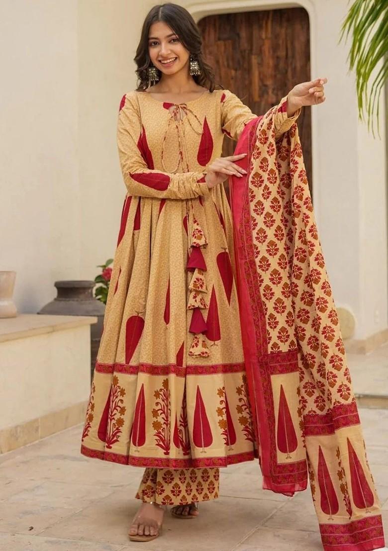 Red Embroidered Poly Blended Kurta Sets