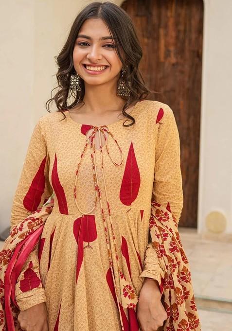 Red Embroidered Poly Blended Kurta Sets