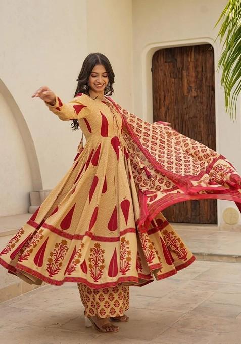 Red Embroidered Poly Blended Kurta Sets