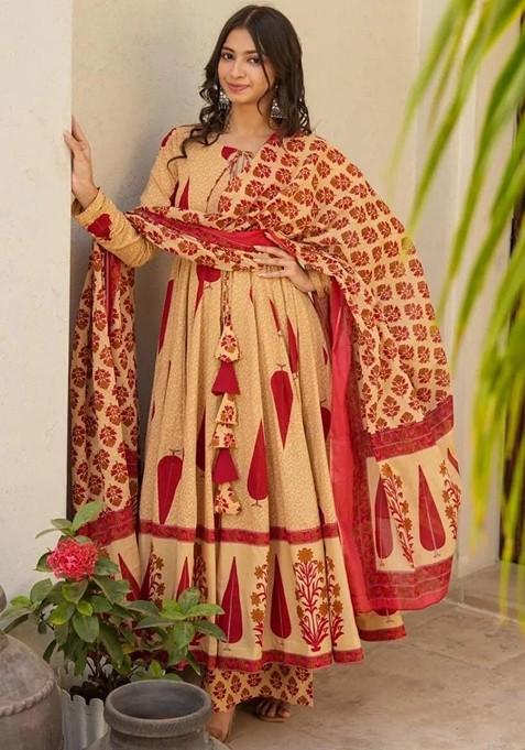 Red Embroidered Poly Blended Kurta Sets