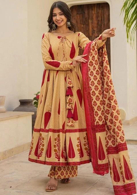Red Embroidered Poly Blended Kurta Sets