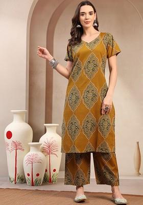 Brown Embroidered Poly Blended Kurta Sets