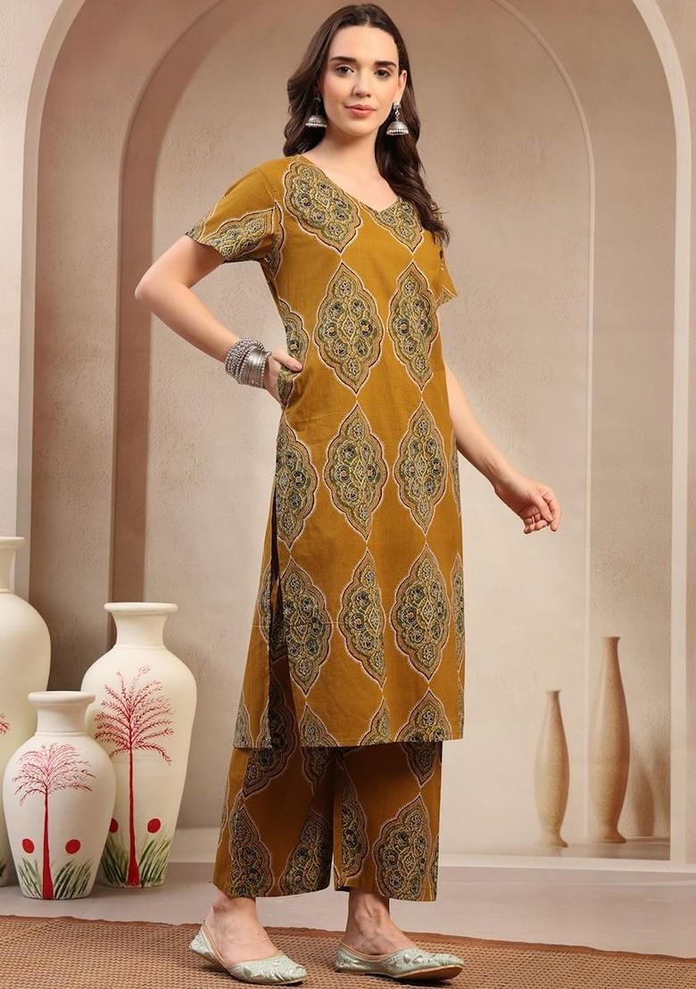 Brown Embroidered Poly Blended Kurta Sets - Indya