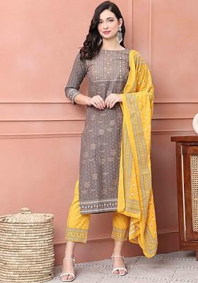 Grey Embroidered Poly Blended Kurta Sets