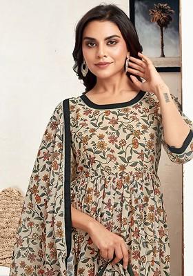 Beige Embroidered Poly Blended Kurta Sets