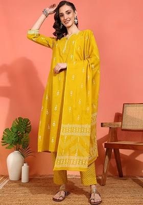 Mustard Embroidered Poly Blended Kurta Sets