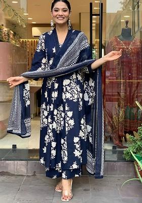 Navy Blue Embroidered Poly Blended Kurta Sets