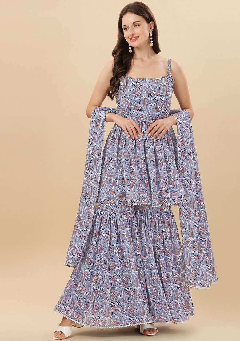 Grey Embroidered Poly Blended Kurta Sets - Indya