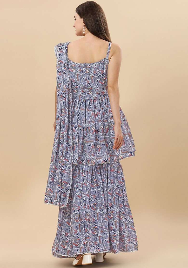 Grey Embroidered Poly Blended Kurta Sets - Indya