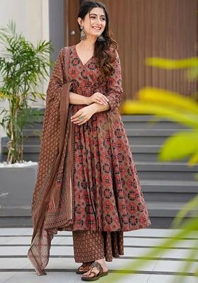 Brown Embroidered Poly Blended Kurta Sets