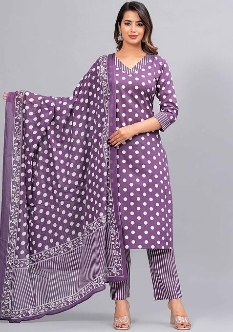Purple Embroidered Poly Blended Kurta Sets