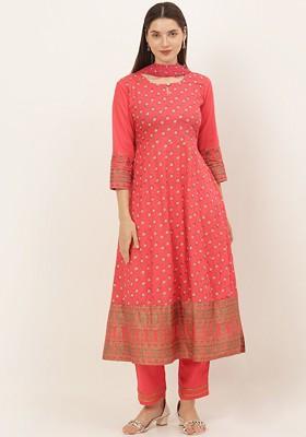 Peach Embroidered Poly Blended Kurta Sets