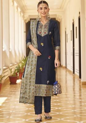 Navy Blue Embroidered Poly Blended Kurta Sets