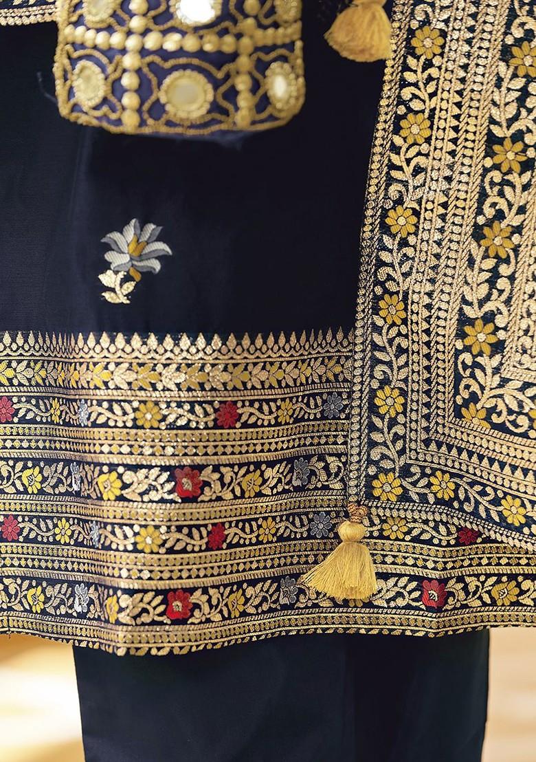 Navy Blue Embroidered Poly Blended Kurta Sets - Indya