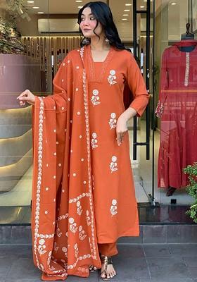Rust Embroidered Poly Blended Kurta Sets