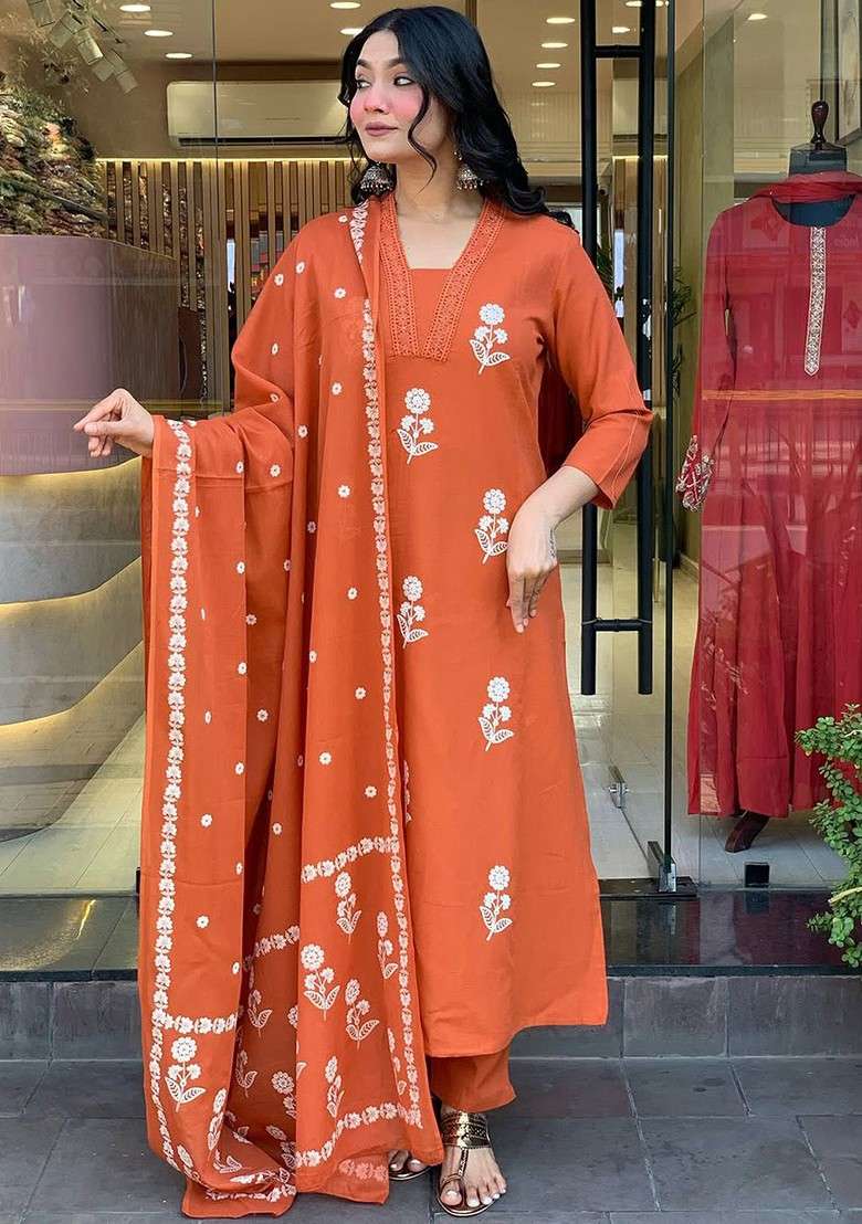 Rust Embroidered Poly Blended Kurta Sets - Indya