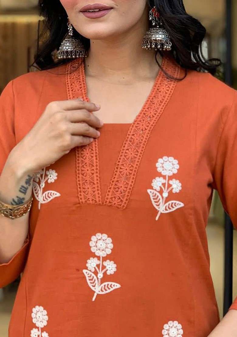Rust Embroidered Poly Blended Kurta Sets - Indya