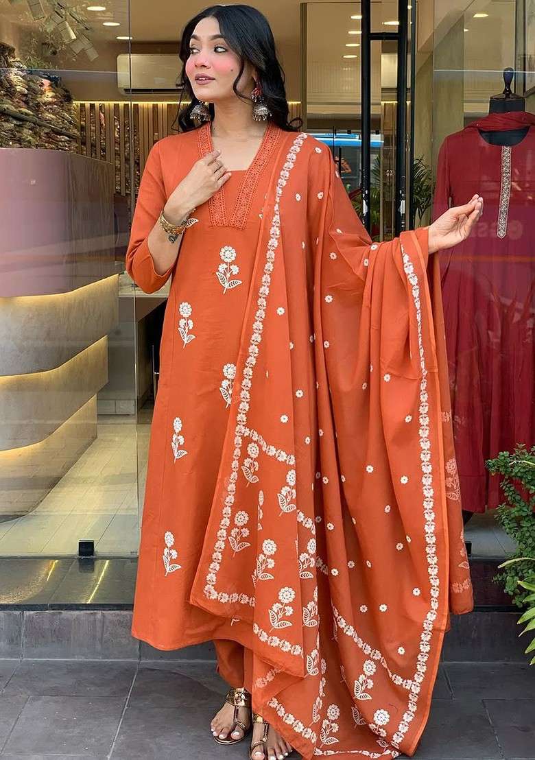 Rust Embroidered Poly Blended Kurta Sets - Indya
