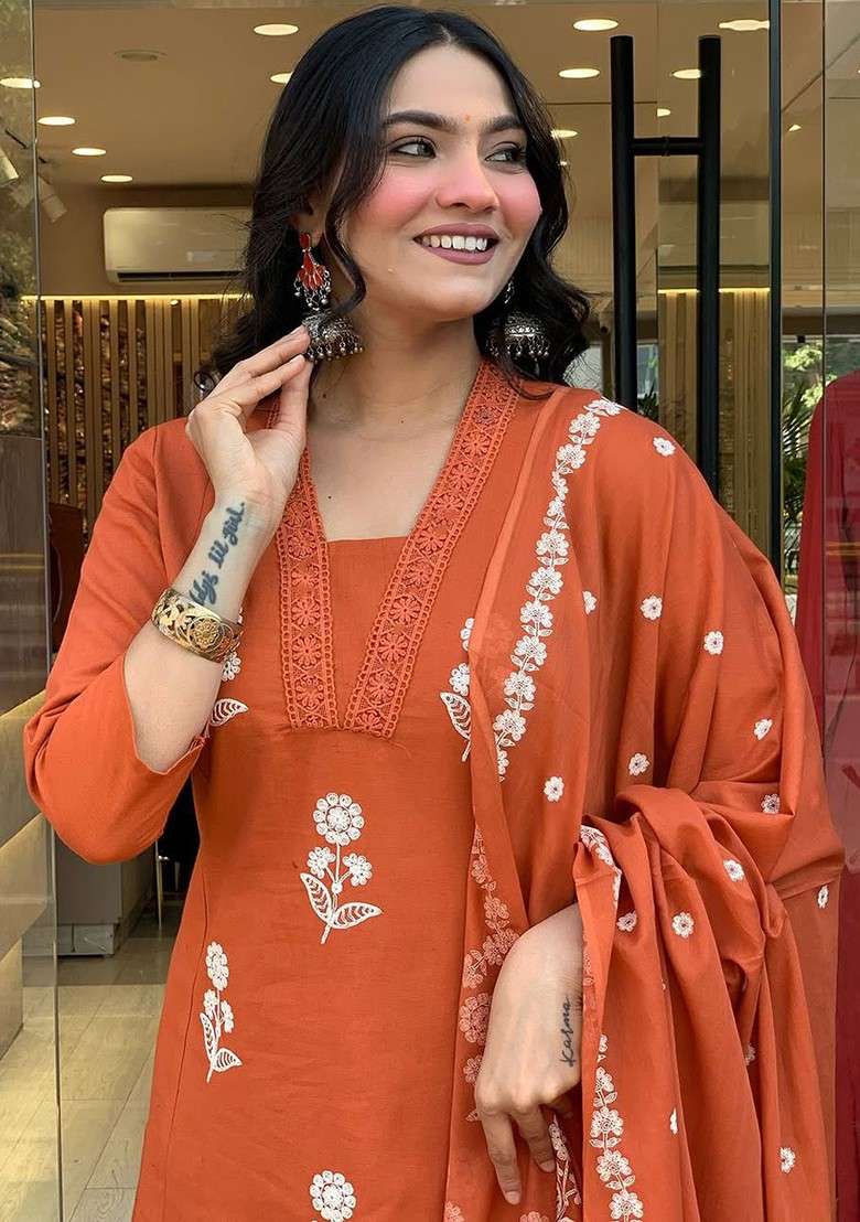 Rust Embroidered Poly Blended Kurta Sets - Indya