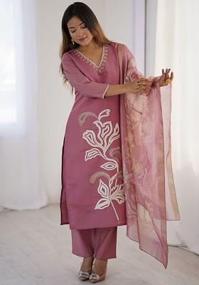 Brown Embroidered Poly Blended Kurta Sets