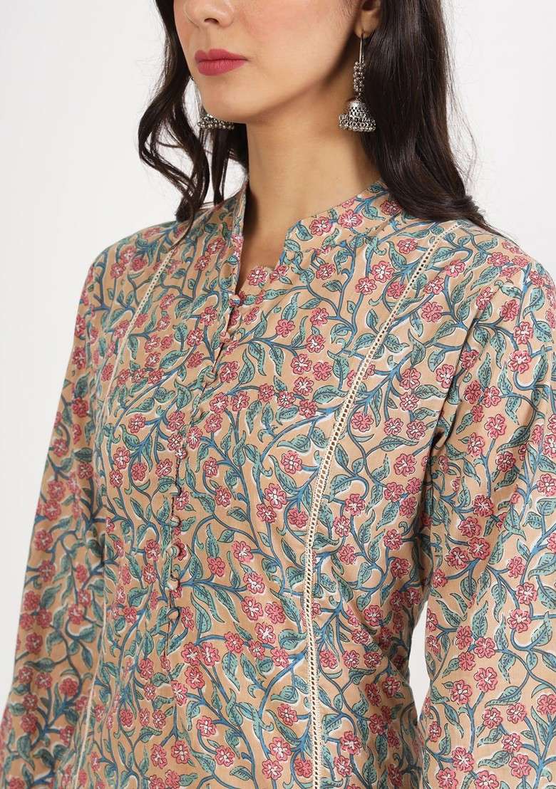 Beige Embroidered Poly Blended Kurta Sets - Indya