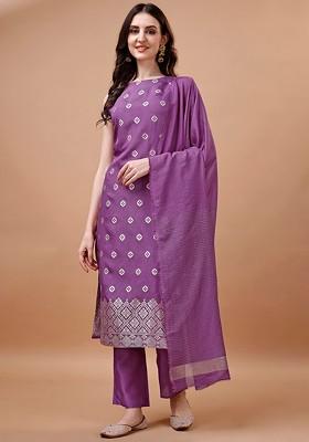 Lavender Embroidered Poly Blended Kurta Sets