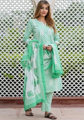 Turquoise Blue Embroidered Poly Blended Kurta Sets