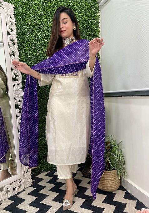 White Embroidered Poly Blended Kurta Sets