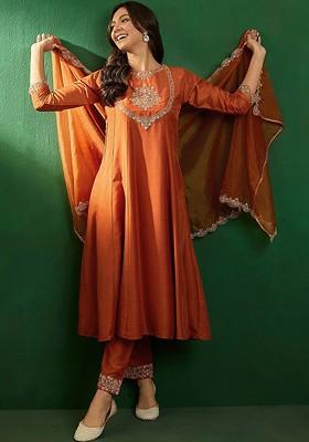 Orange Embroidered Blended Kurta Set