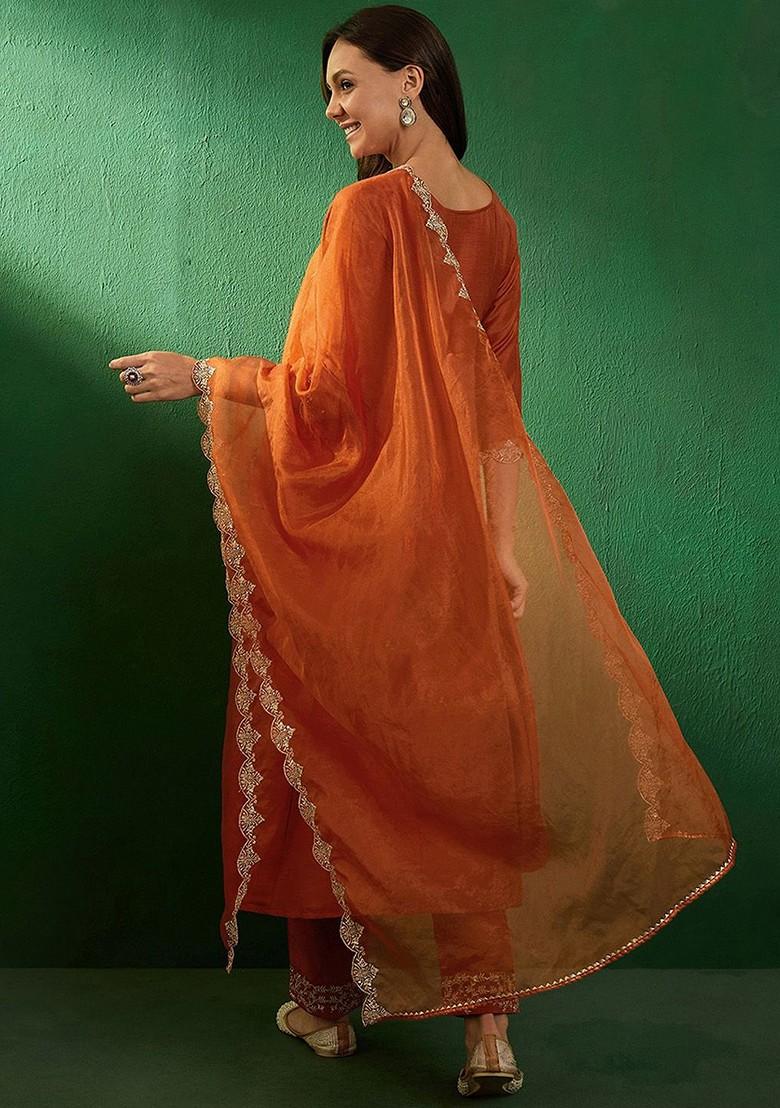 Orange Embroidered Blended Kurta Set - Indya
