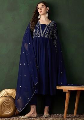 Navy Blue Embroidered Blended Kurta Set