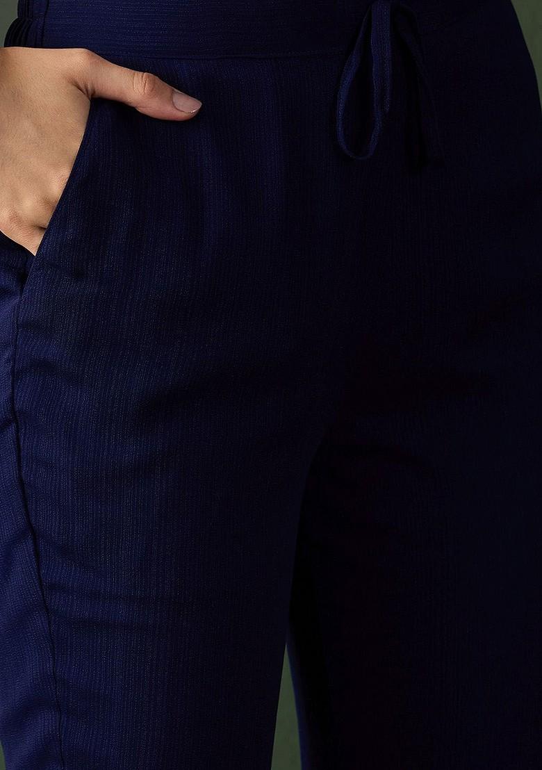 Navy Blue Embroidered Blended Kurta Set - Indya