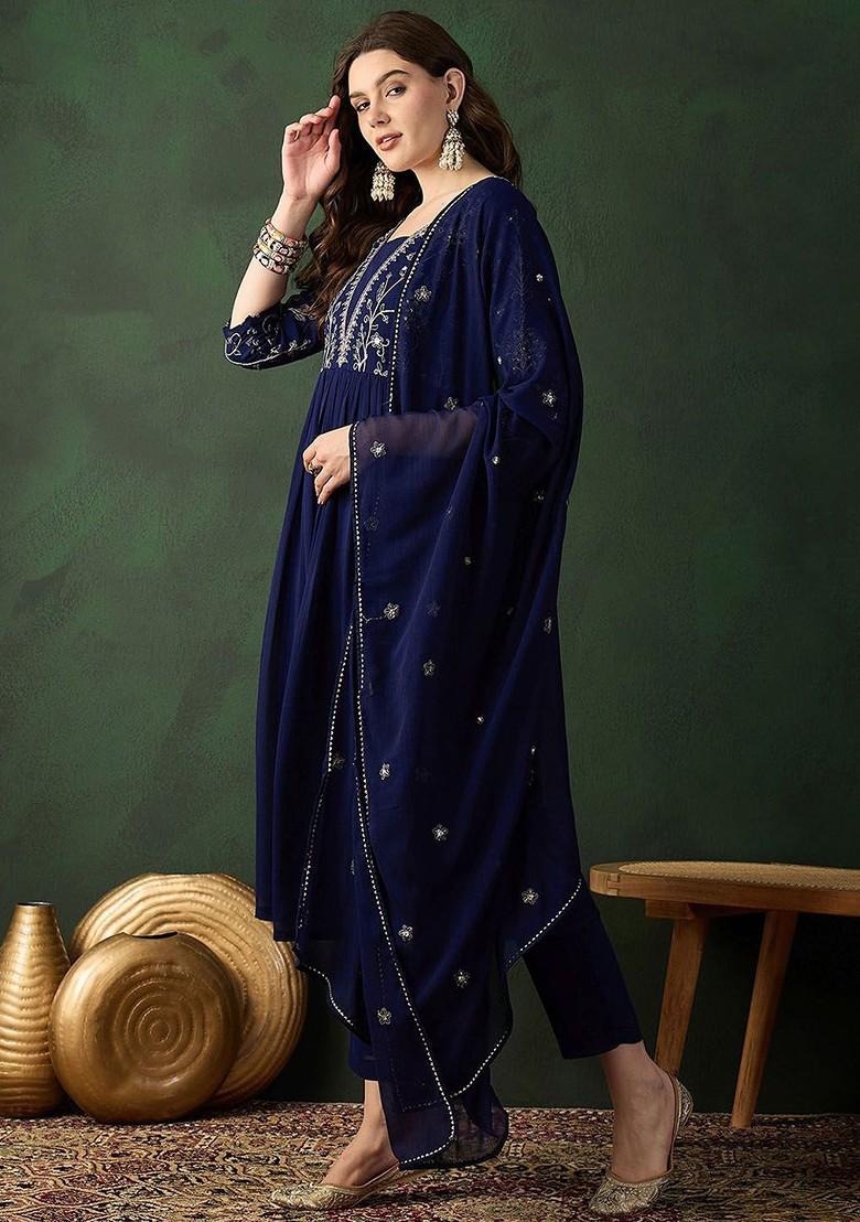 Navy Blue Embroidered Blended Kurta Set - Indya