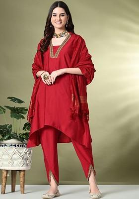 Red Solid Blended Kurta Set