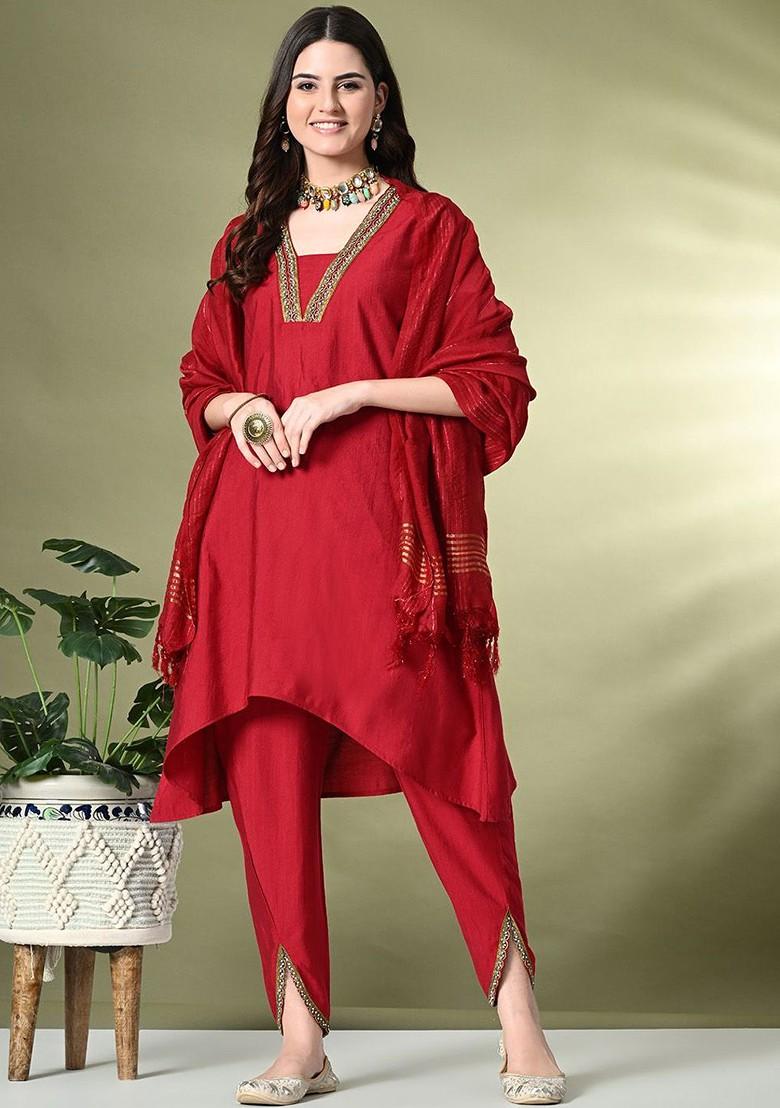 Red Solid Blended Kurta Set - Indya