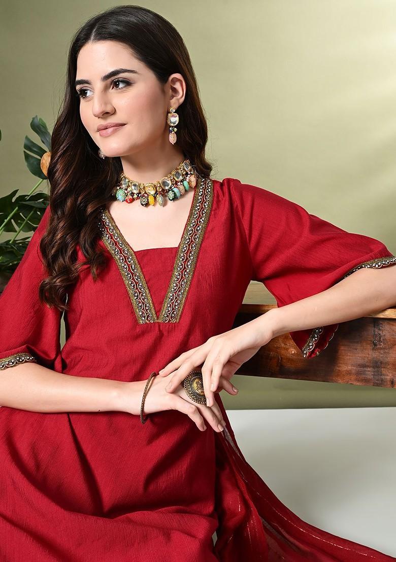 Red Solid Blended Kurta Set - Indya