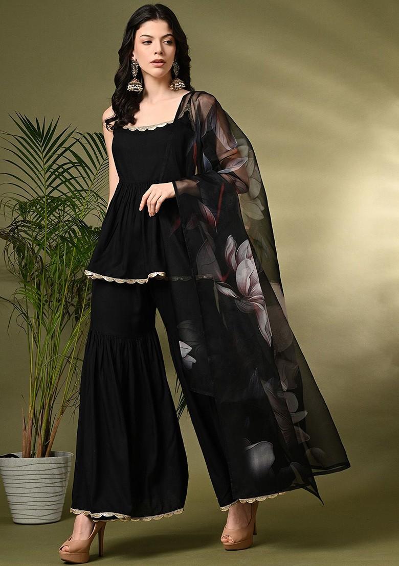 Black Solid Blended Kurta Set - Indya