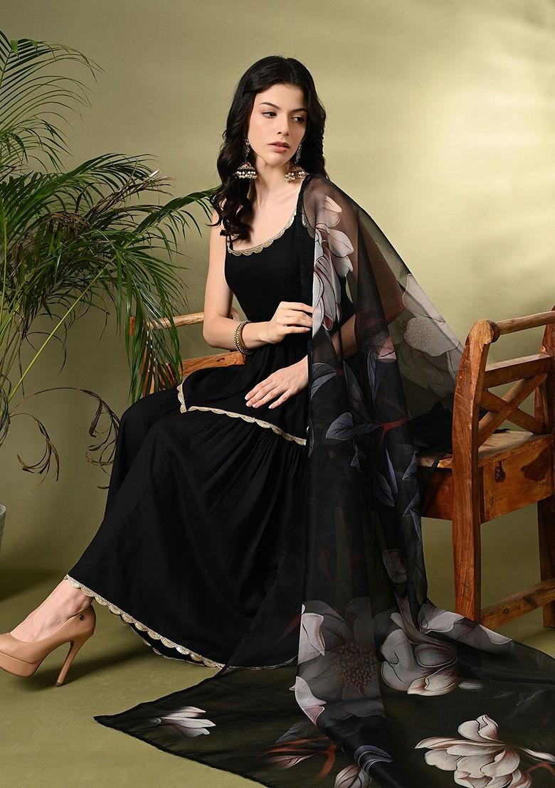 Black Solid Blended Kurta Set - Indya