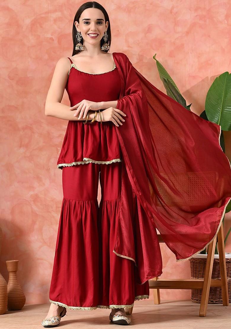 Maroon Solid Blended Kurta Set - Indya