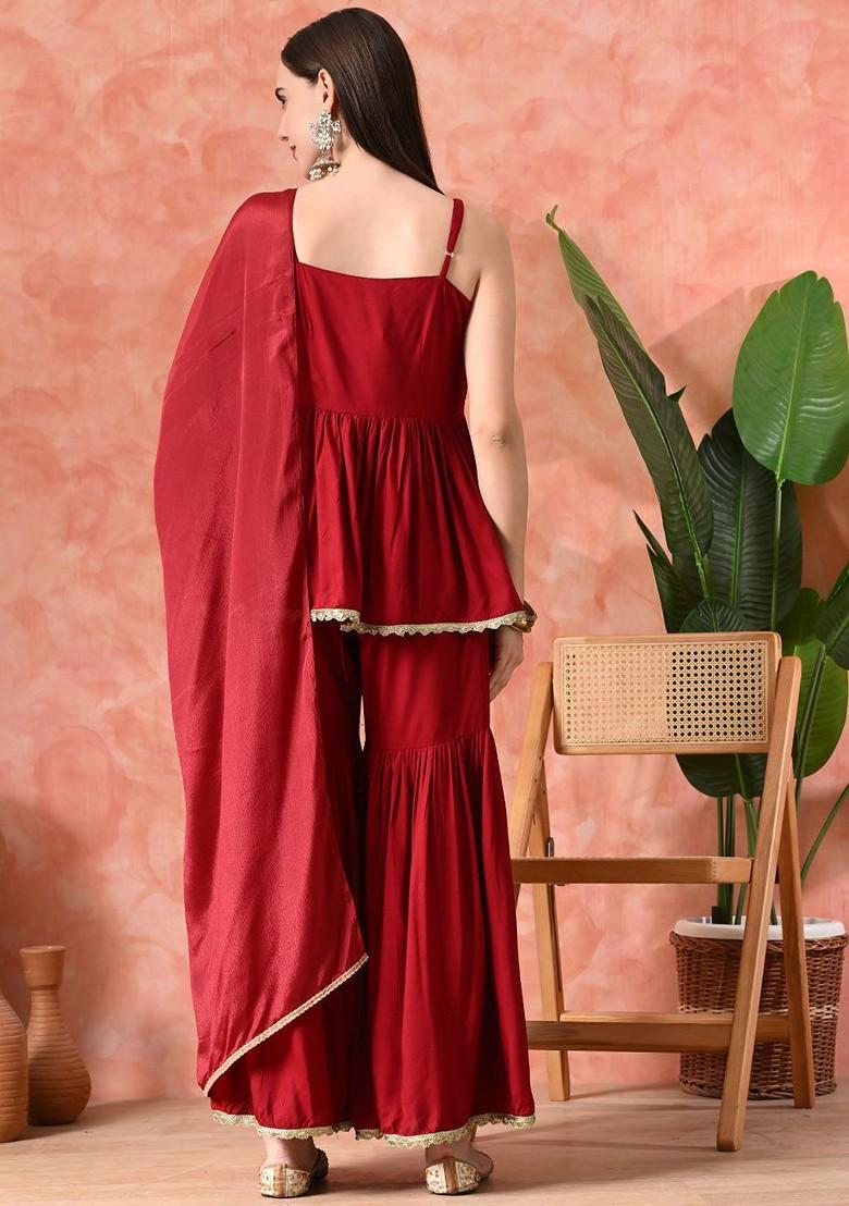 Maroon Solid Blended Kurta Set - Indya