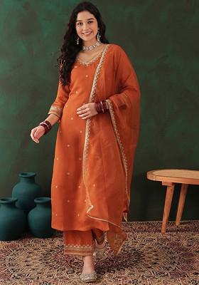 Orange Embroidered Blended Kurta Set