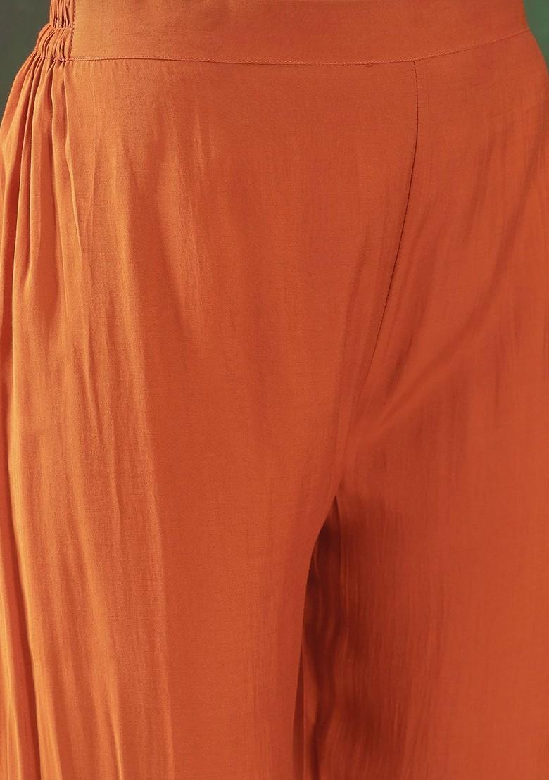 Orange Embroidered Blended Kurta Set - Indya