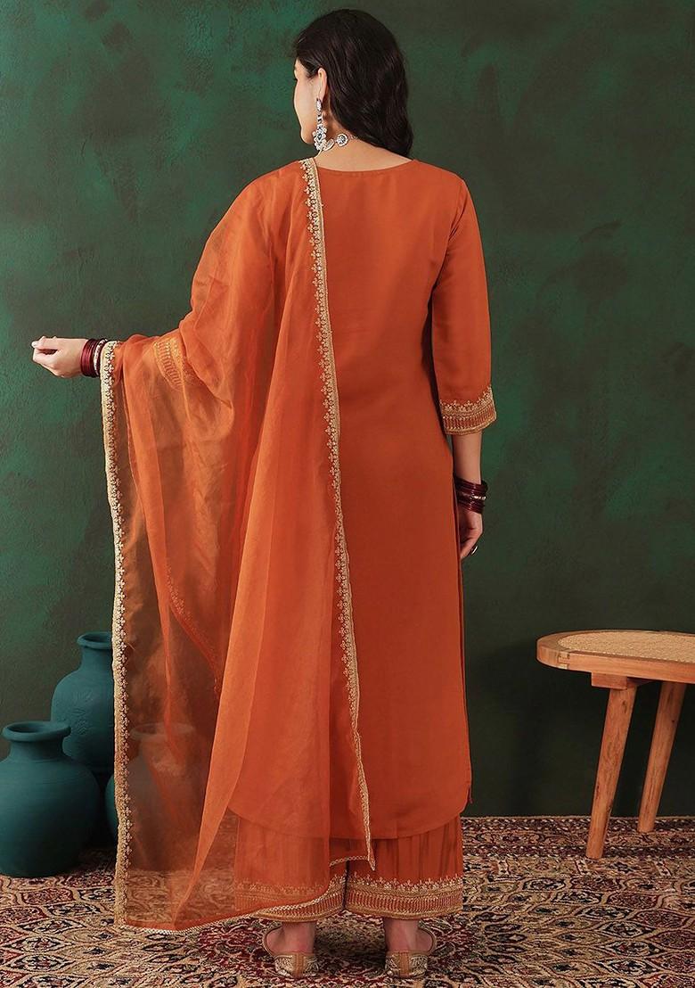 Orange Embroidered Blended Kurta Set - Indya