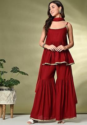 Maroon Solid Blended Kurta Set