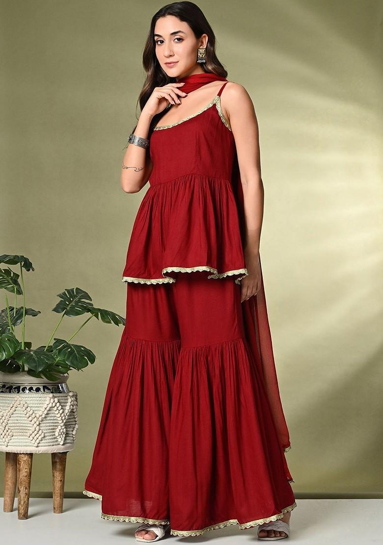 Maroon Solid Blended Kurta Set - Indya