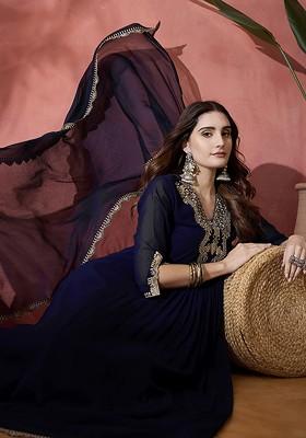 Navy Blue Sequinned Blended Kurta Set